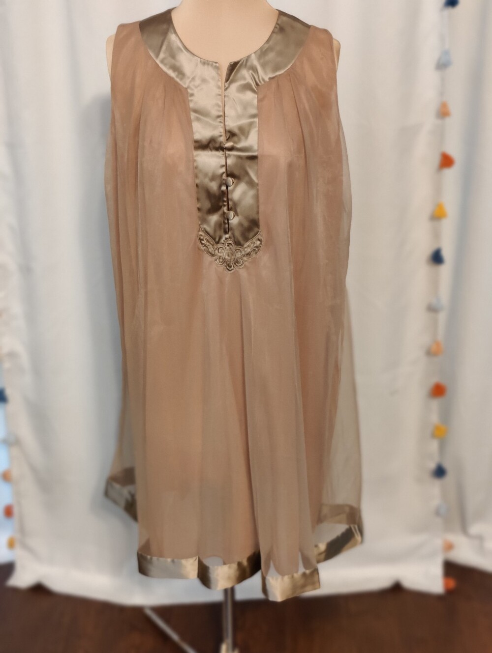 Vintage Frothy Mocha Nylon Satin Trim Babydoll Gown Deadstock sheer overlay SM